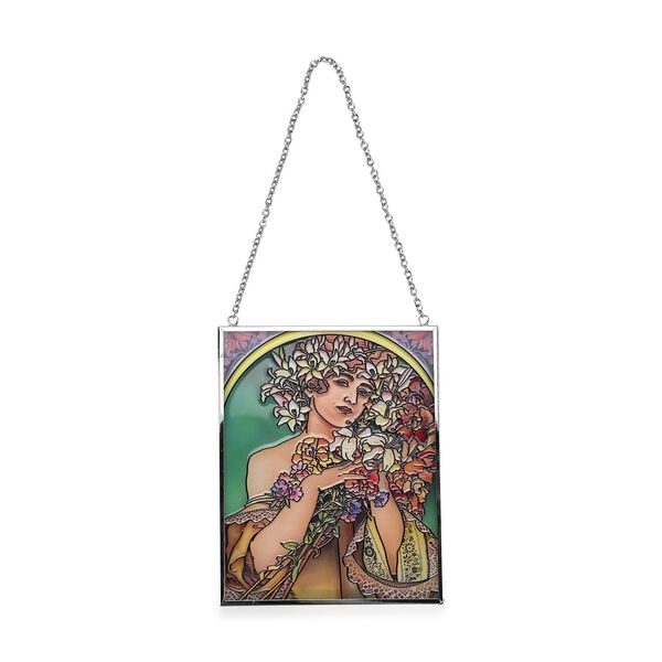 Handbemalter Glas Suncatcher mit Kette, silberfarbenem Rahmen, Alphonse Mucha Motiv Fleur, 12x15 cm image number 2