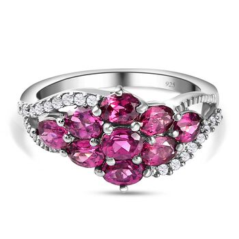 Rhodolith Granat und wei&szlig;er Zirkon-Ring, 925 Silber platiniert (Gr&ouml;&szlig;e 16.00) ca. 2,21 ct