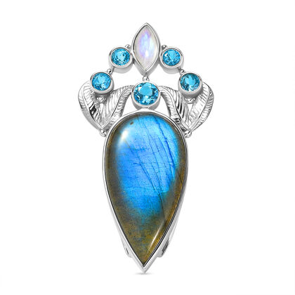 Sajen Silber - AAA Labradorit, Regenbogen Mondstein, Schweizer Blautopas Anh&auml;nger 925 Silber rhodiniert ca. 28.11 ct