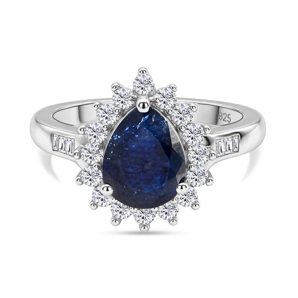 Masoala Saphir und Zirkon Halo Ring, 925 Silber platiniert, 3,11 ct.