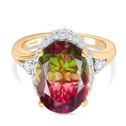 Vine Whisper D joy Wassermelonen Quarz Triplette, Wei&szlig;er Zirkon Ring 925 Silber platiniert und vergoldet (Gr&ouml;&szlig;e 16.00) ca. 6,84 ct