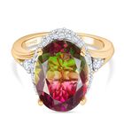 Vine Whisper D joy Wassermelonen Quarz Triplette, Weißer Zirkon Ring 925 Silber platiniert und vergoldet (Größe 16.00) ca. 6,84 ct
