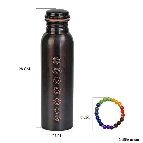 2er-Set - LIVMORE Kupfer-Trinkflasche mit 7-Chakra-Gravur (ca. 900 ml) und Armband mit Chakra-Perlen aus Edelsteinen - Schwarz image number 9