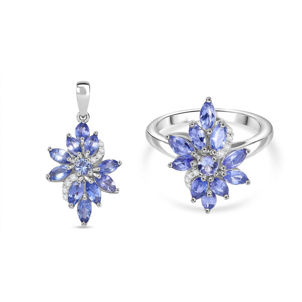 Tansanit und Moissanit floraler Ring und Ohrringe image number 0