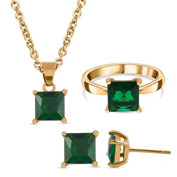 3er Set - Neongr&uuml;ner Kristall  Ring, Anh&auml;nger mit Kette und Ohrringe Schmuckset (Gr&ouml;&szlig;e 18.00), Reiner Edelstahl, vergoldet