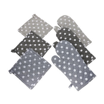 6er-Set, Topflappen (20x20cm) und Handschuhe (31x18cm), Tupfen Muster, Blau, Grau und Schwarz