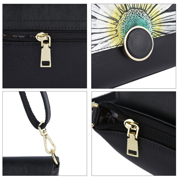 Umh&auml;ngetasche aus 100% echtem Leder, Sonnenblumen Muster, Gr&ouml;&szlig;e 25x7x15 cm, Schwarz image number 6