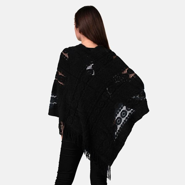 TAMSY- Strick-Poncho mit Perlen, Schwarz image number 2