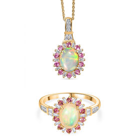 AA äthiopischer Welo Opal Rosa Turmalin und Moissanit Anhänger mit 50cm Kette und Ring