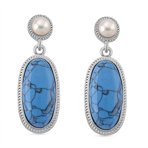 Blauer Howlit, Wei&szlig;e S&uuml;&szlig;wasser Perle Ohrringe, Silberfarben