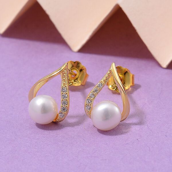 Wei&szlig;e S&uuml;&szlig;wasser Perle, Wei&szlig;er Zirkonia Ohrringe 925 Silber vergoldet image number 2