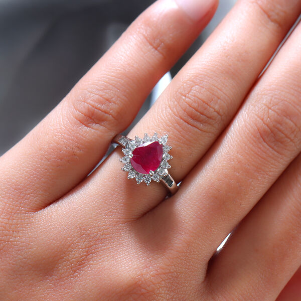 Afrikanisher Rubin(Fissure gef&uuml;llt) und Zirkon Ring 925 Silber platiniert image number 3