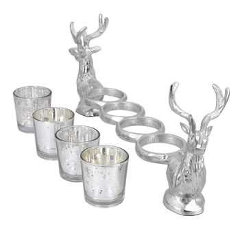 Rentier St&auml;nder mit 4 Glas Votivkerzenhaltern, 42x7.5x15cm, silber