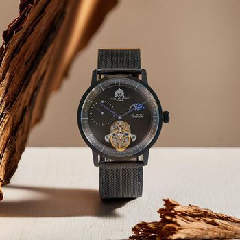 William Hunt Automatik-Uhr - IP-schwarzbeschichtetes Edelstahlgeh&auml;use, schwarzes Multifunktionszifferblatt mit gew&ouml;lbtem Glas, Edelstahl-Mesh-Armband, Glasboden, 5 ATM wasserdicht, Reiner Edelstahl