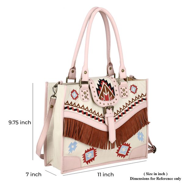 Handgefertigte Umhängetasche aus Echtleder mit Stickerei, Fransen und geometrischem Muster, Magnetverschluss, 28x24x18cm, Crème image number 8