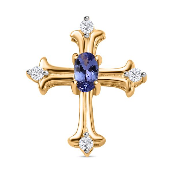 Tansanit und Moissanit Kreuz Anh&auml;nger, 925 Silber 750 Gelbgold Vermeil - 0,34 ct.