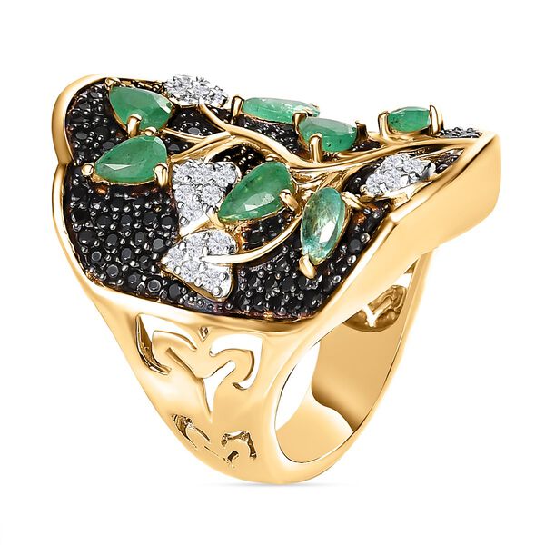 Kagem Sambischer Smaragd, Schwarzer Spinell Ring, 925 Silber vergoldet (Gr&ouml;&szlig;e 17.00) ca. 3.64 ct image number 5