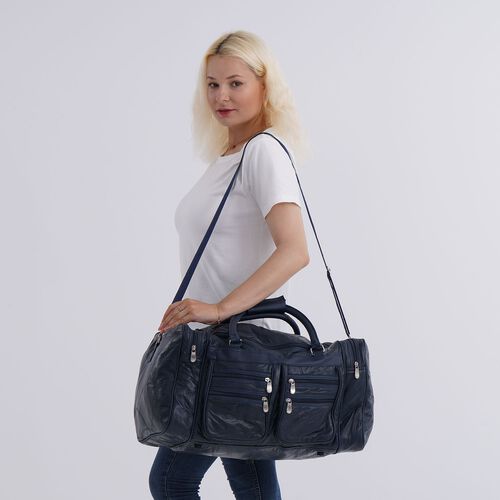 Patchwork Reisetasche aus Schafleder, mit vielen Außentaschen, 51×29×28 cm, Blau image number 1