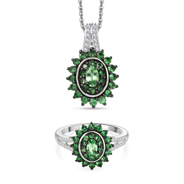 D'Joy AA Tsavorite Granat und Zirkon Ring und Anh&auml;nger mit 50cm Kette