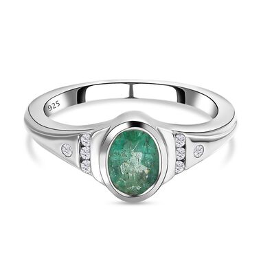 Kagem Sambischer Smaragd, Weißer Zirkon Ring 925 Silber platiniert (Größe 17.00) ca. 0.82 ct