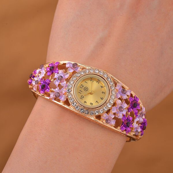 Strada - Elegante Bangle-Uhr mit Gold-Sonne-Zifferblatt, Lila und weiße Kristallen, Japanischem Uhrwerk, Reiner Edelstahl, emailliert image number 2