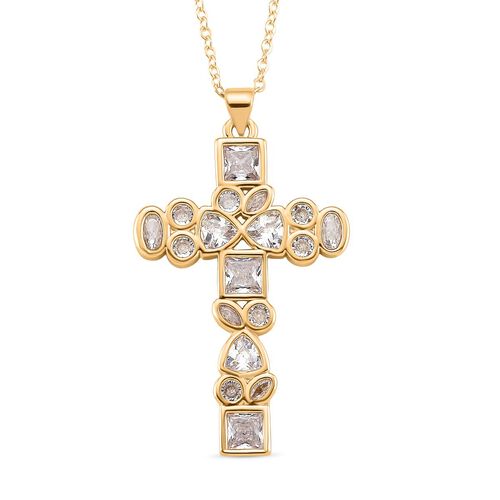 Weißer Zirkonia Kreuz Anhänget mit Kette, ca. 50 cm Nickelfreies Messing, Goldfarben image number 0