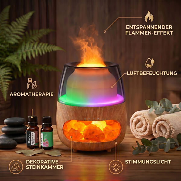 Aroma-Luftbefeuchter mit Holzoptik, Steindekor, LED Licht, Fernbedienung, 240 ml, inkl. 6 Duft&ouml;le, Grau/Transparent image number 2