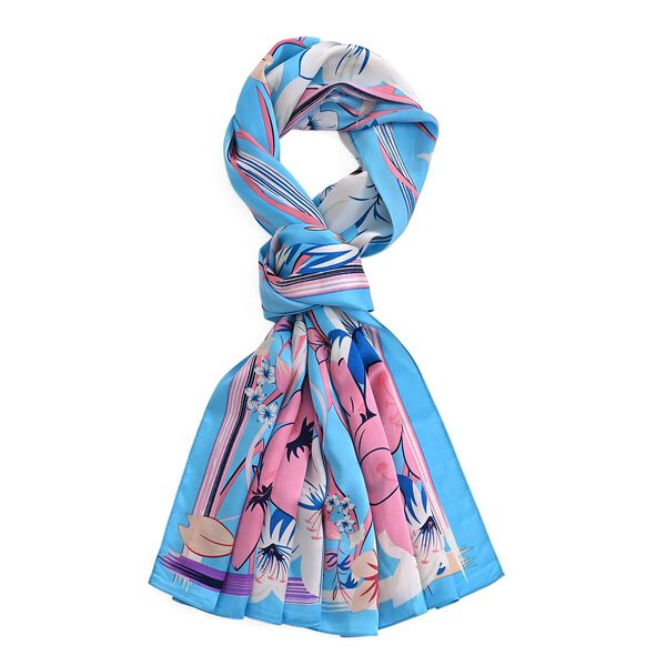  LA MAREY signature 100% silk scarf55*170cmweight:40gcolor: blue based with floral patternsMaterial:100% Mulberry silk image number 5