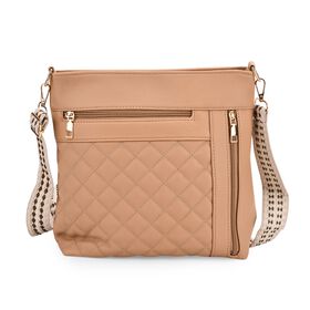 Crossbody-Tasche mit Steppmuster und Schultergurt, 3 Reißverschlussfächer, 21x13x7,5cm, Beige