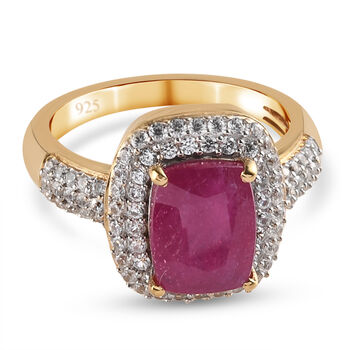 Afrikanischer Rubin und Zirkon-Ring, (Fissure gef&uuml;llt), 925 Silber vergoldet