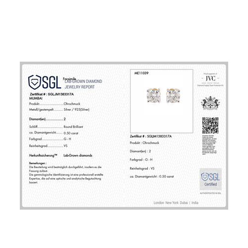 LUXURIANT DIAMOND- SGL zertifizierte VS-GH Labor Diamant Ohrringe in vergoldetem Silber - 0,50 ct. image number 5