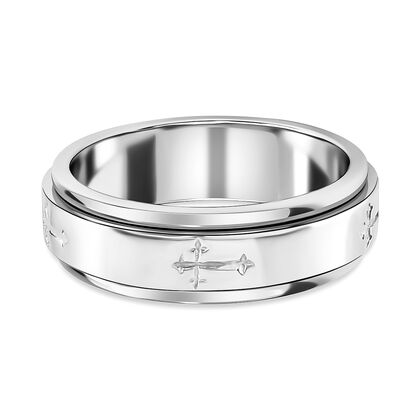 Handgearbeiteter Spinning Band-Ring mit graviertem Kreuz, 925 Silber platiniert (Größe 17.00)