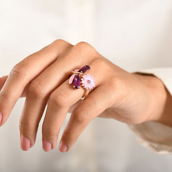 GP - Leuchtend Orchidee Quarz Triplette, Lotus Granat Ring 925 Silber 750 Ros&eacute;gold Vermeil (Gr&ouml;&szlig;e 18.00) ca. 2,44 ct