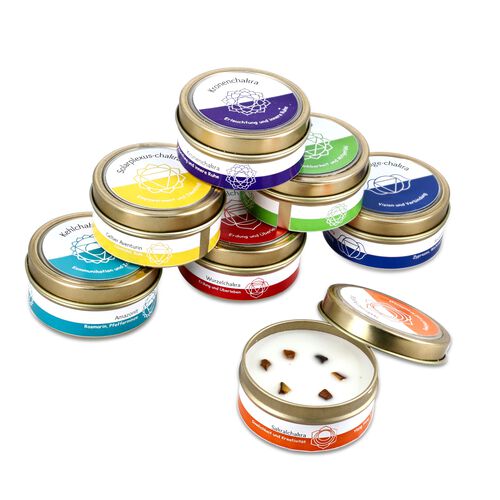 7er Set Chakra Duftkerzen mit Edelsteinen – Aromatherapie für Körper und Geis, 10h Brenndauer image number 1
