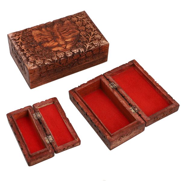 3er Set Handgeschnitzes Boxen aus Sheeshamholz mit Kaschmir und Schmetterling, 21x13 cm image number 4