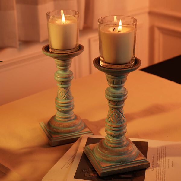 Set aus 2 antiken geschnitzten Holzkerzenhaltern mit quadratischem Ständer, 23cm, Altblau image number 3