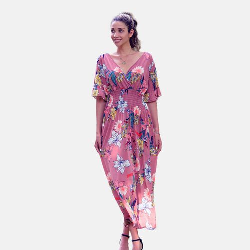 Gesmoktes Maxi-Kleid, Blumenmuster, Rosa image number 1
