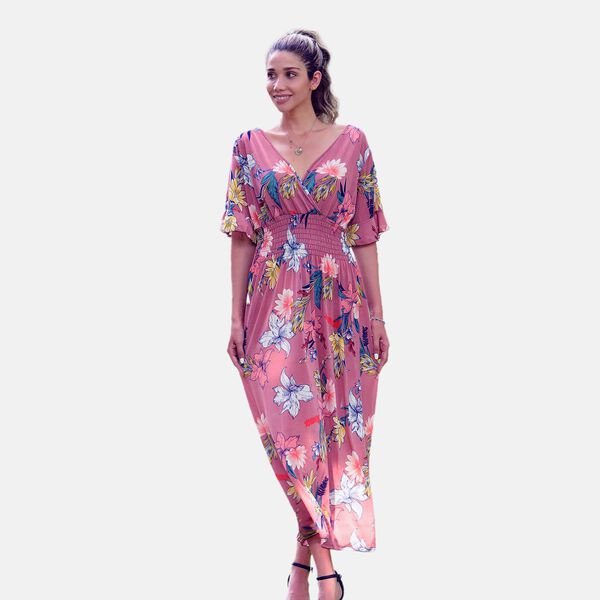 Gesmoktes Maxi-Kleid, Blumenmuster, Rosa image number 1