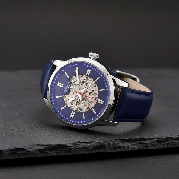 GENOA TIME V2 Automatikuhr mit mechanischem Automatikwerk, Zifferblatt Blau mit Sonnenschliff und offenem Design, Lederarmband Blau, 3 ATM wasserdicht image number 2
