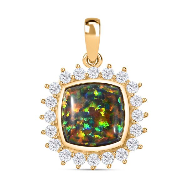 Labor erstellt schwarzen Opal, Wei&szlig;er Zirkon Anh&auml;nger 925 Silber Gelbgold Vermeil ca. 3,69 ct.