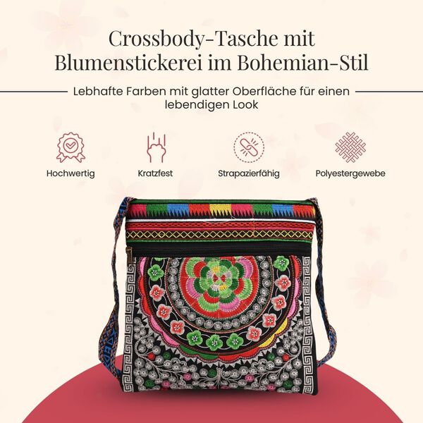 Crossbody-Tasche mit floraler Stickerei, ethnischem Boho-Muster, 23×24 cm, Schwarz mit Lila-Motiven image number 2