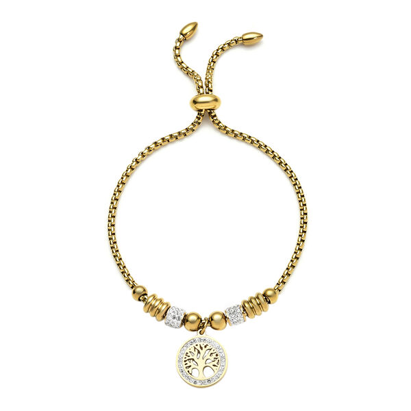 Wei&szlig;es Kristall Bolo Lebensbaum-Armband, ca. 15.25 cm Edelstahl IP-Gold