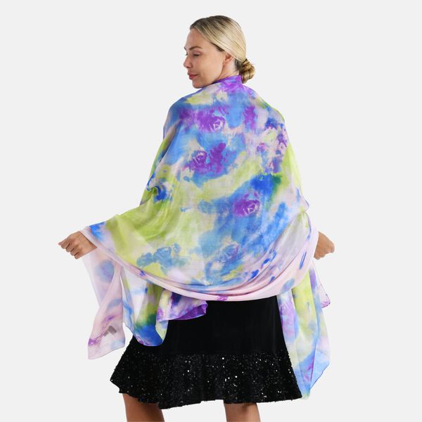  LA MAREY signature 100% silk scarf110*195cmweight:40gcolor:Blue leaves and pink floral patternsMaterial:100% Mulberry silk image number 2