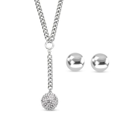 2er Set - Wei&szlig;es Kristall-Collier und Ohrstecker, ca. 50 cm, silberfarben