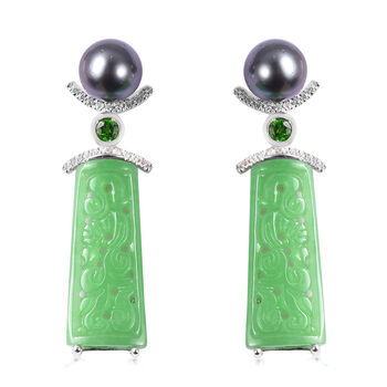 Handgeschnitzte Gr&uuml;ne Jade Ohrringe 925 Silber rhodiniert ca. 36,53 ct