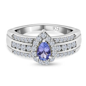 Tansanit und Zirkon Ring 925 Silber platiniert  ca. 1,15 ct