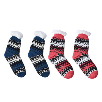 2er-Set - 2 Paar rutschfeste Haus Socken mit warmem Sherpa Futter, Einheitsgr&ouml;&szlig;e , Rot und Blau