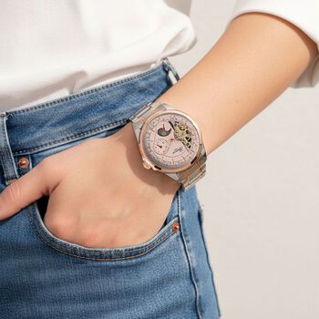 GENOA TIME V2 - Automatik-Armbanduhr, Mechanisches Uhrwerk, Edelstahlarmband, bicolor, Ros&eacute;farbenes Zifferblatt