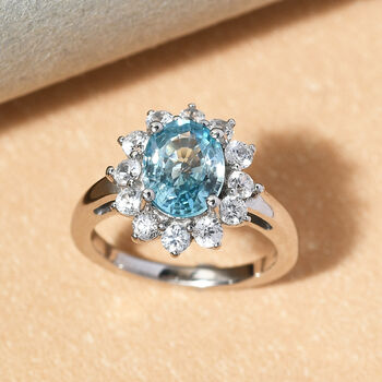 Blauer und Wei&szlig;er Zirkon Ring 925 Silber platiniert