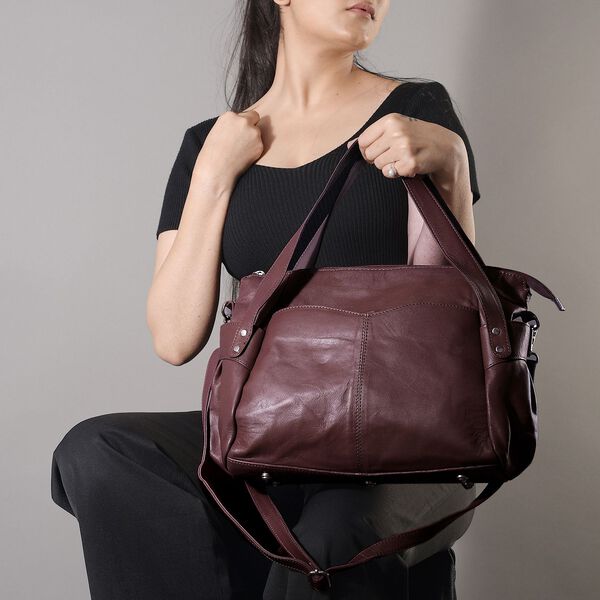 100% Echtleder Weekender Reisetasche mit RFID-Schutz, Burgunderrot image number 2